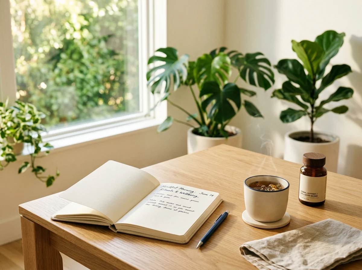 Editorial wellness desk scene at Riverstone Review