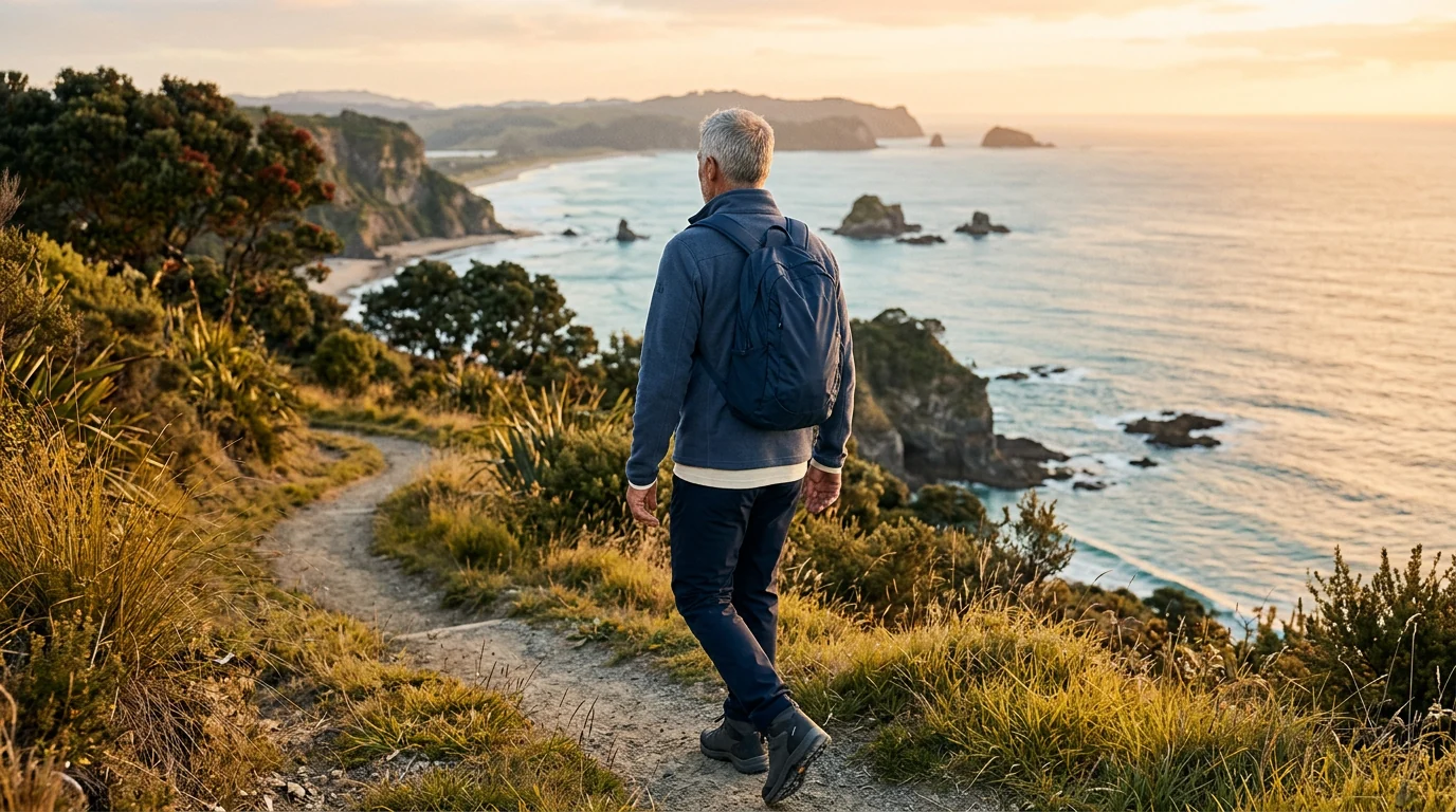Older man walking New Zealand coastal path - active lifestyle over 50